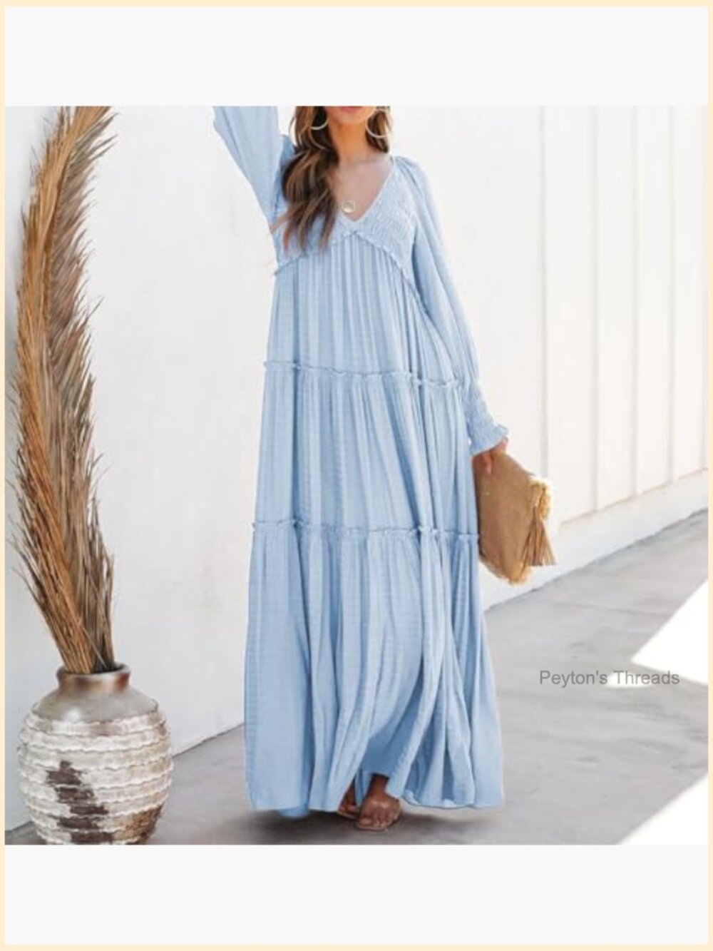 Maxi Dress Long Sleeve V Neck Empire Waist Ruffle Boho Casual Flowy - Picture 2 of 7